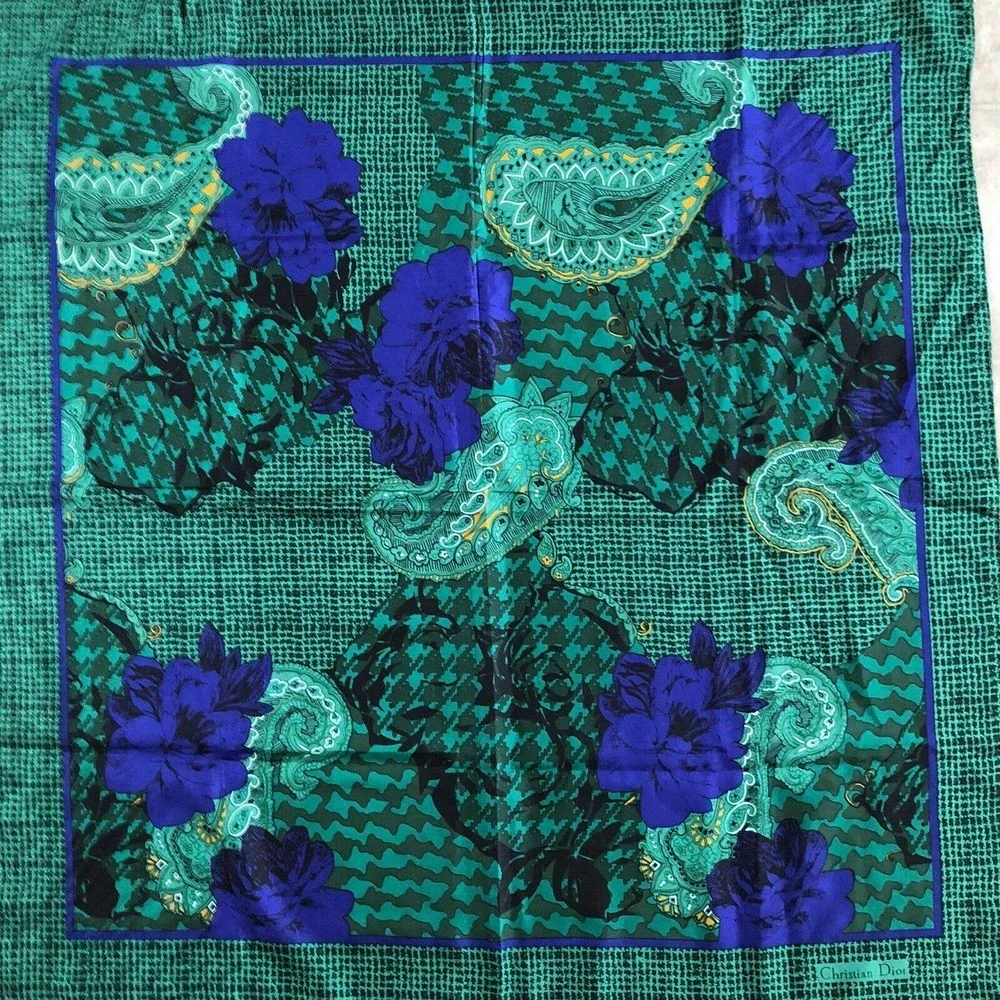 Christian Dior Autumn Green Hues Violet Floral Paisley Silk Scarf Authentic
